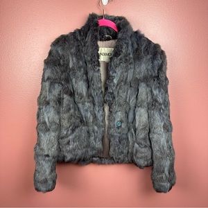 1970S GREY RABBIT FUR JACKET BY MADEMOISELLE size medium studio 54 disco